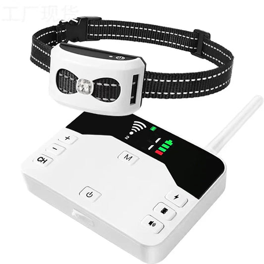 Fitlybuy 2-in-1 wireless dog fence and training collar with white remote controller and black adjustable strap.