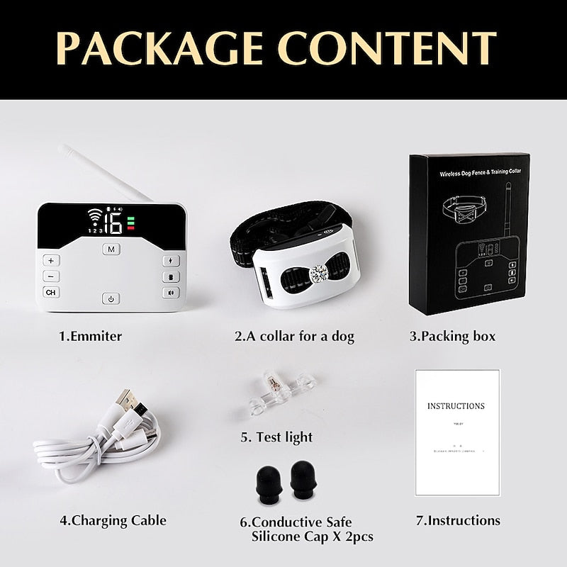 Fitlybuy 2-in-1 wireless dog fence kit: white transmitter, collar, charging cable, test light, silicone caps, and box.