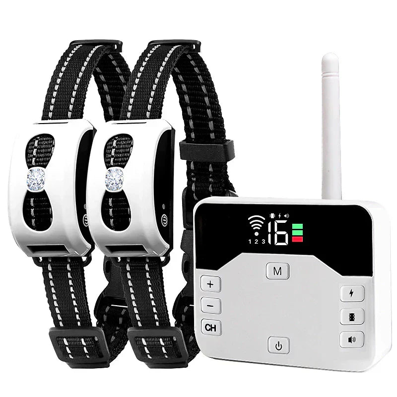 Fitlybuy 2-in-1 dog training system: white handheld transmitter with digital display and two black reflective collars.
