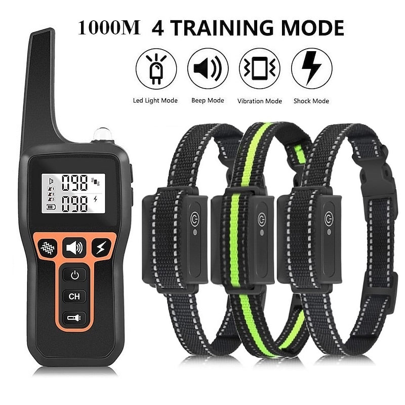 Fitlybuy 1000M dog training collar set: black remote with LCD screen and three black-and-green reflective collars.