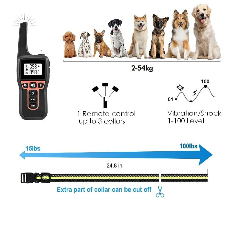 Fitlybuy dog training collar remote with LCD, 100 shock/vibe levels, adjustable strap, and icons showing dog compatibility.