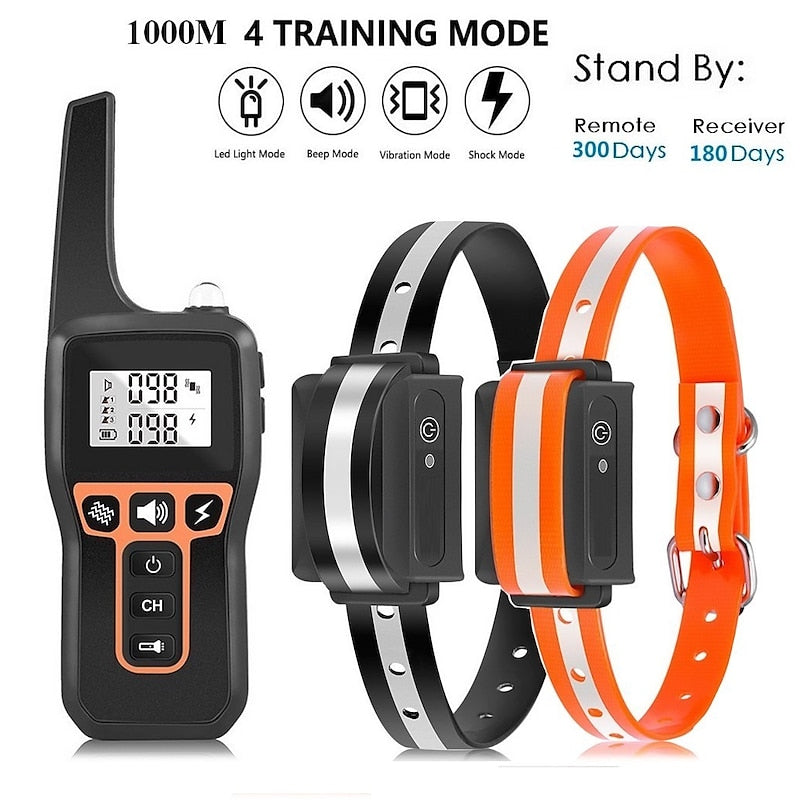 Fitlybuy dog training collar remote with black and orange receiver collars featuring beep, shock, and vibration modes.