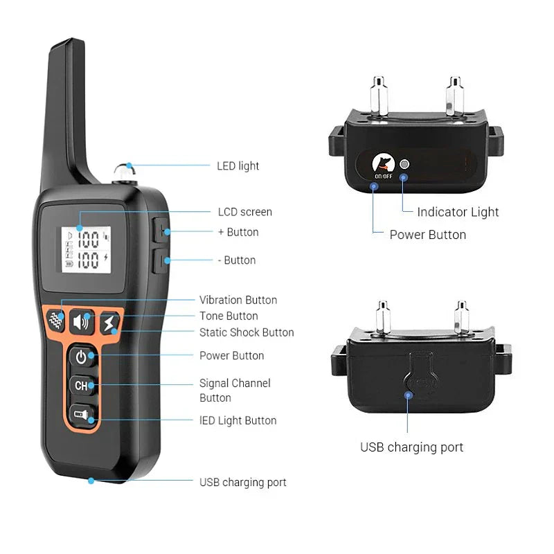 Fitlybuy rechargeable dog training collar with remote, featuring shock, vibration, beep, LCD screen, and USB charging.