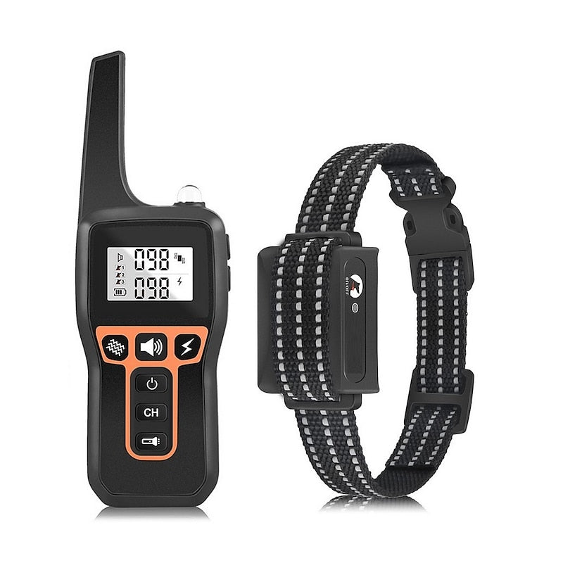 Fitlybuy rechargeable dog training collar with remote, featuring shock, vibration, beep modes, and reflective black strap.