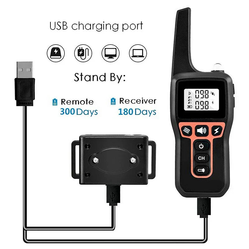 Fitlybuy rechargeable dog training collar with remote, receiver, and USB charging cable. Shows standby battery life.