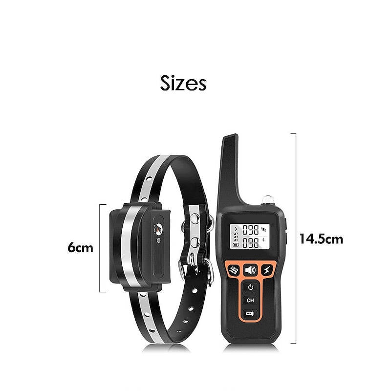 Fitlybuy dog training collar and remote with shock, vibrate, and beep settings, showing dimensions in cm.