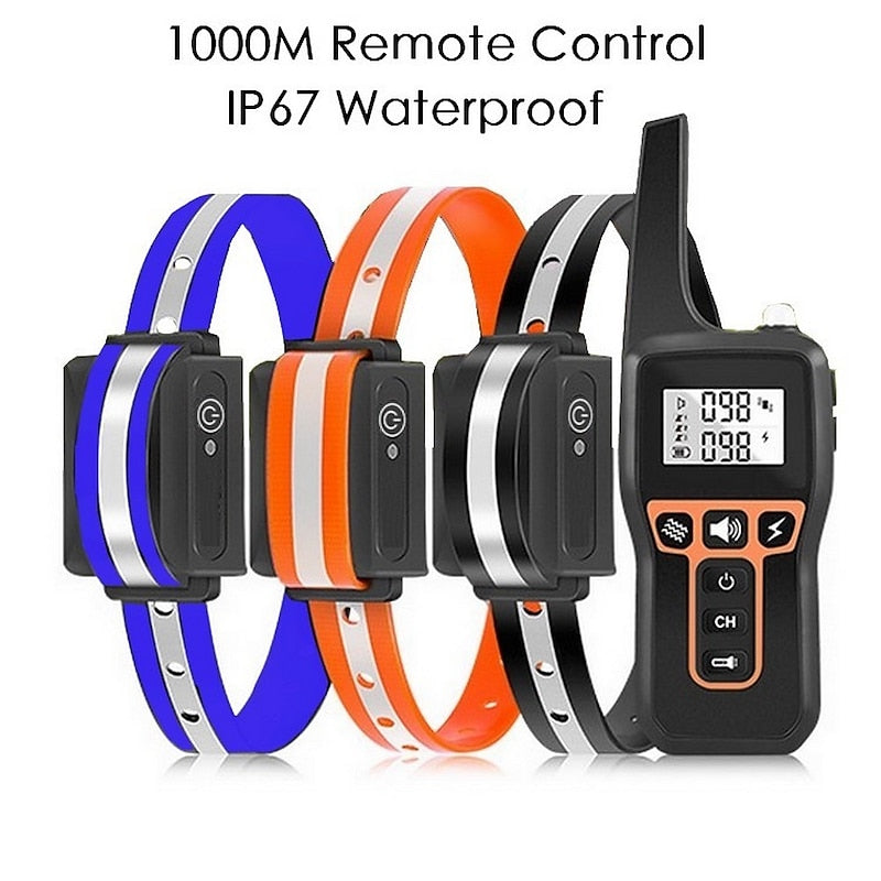 Fitlybuy rechargeable dog training collars in blue, orange, and black, with a remote featuring shock, beep, and vibrate.