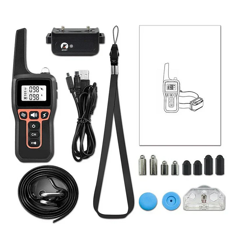 Fitlybuy waterproof dog training collar kit with remote, black receiver, charging cable, lanyard, and contact points.