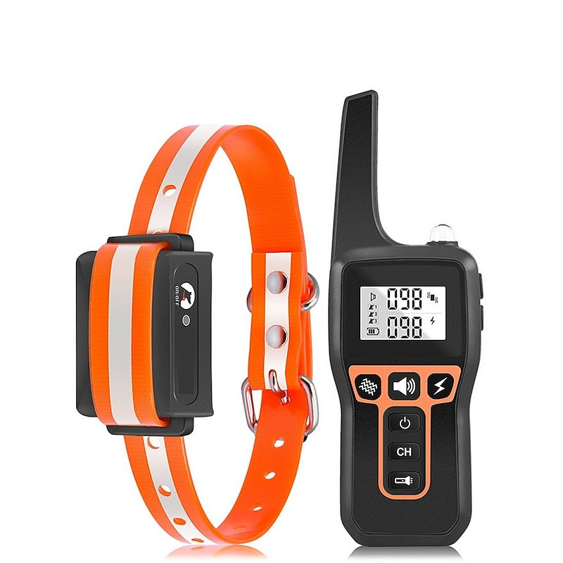 Fitlybuy waterproof dog training collar in orange, with remote featuring digital display for shock, vibration, and beep.