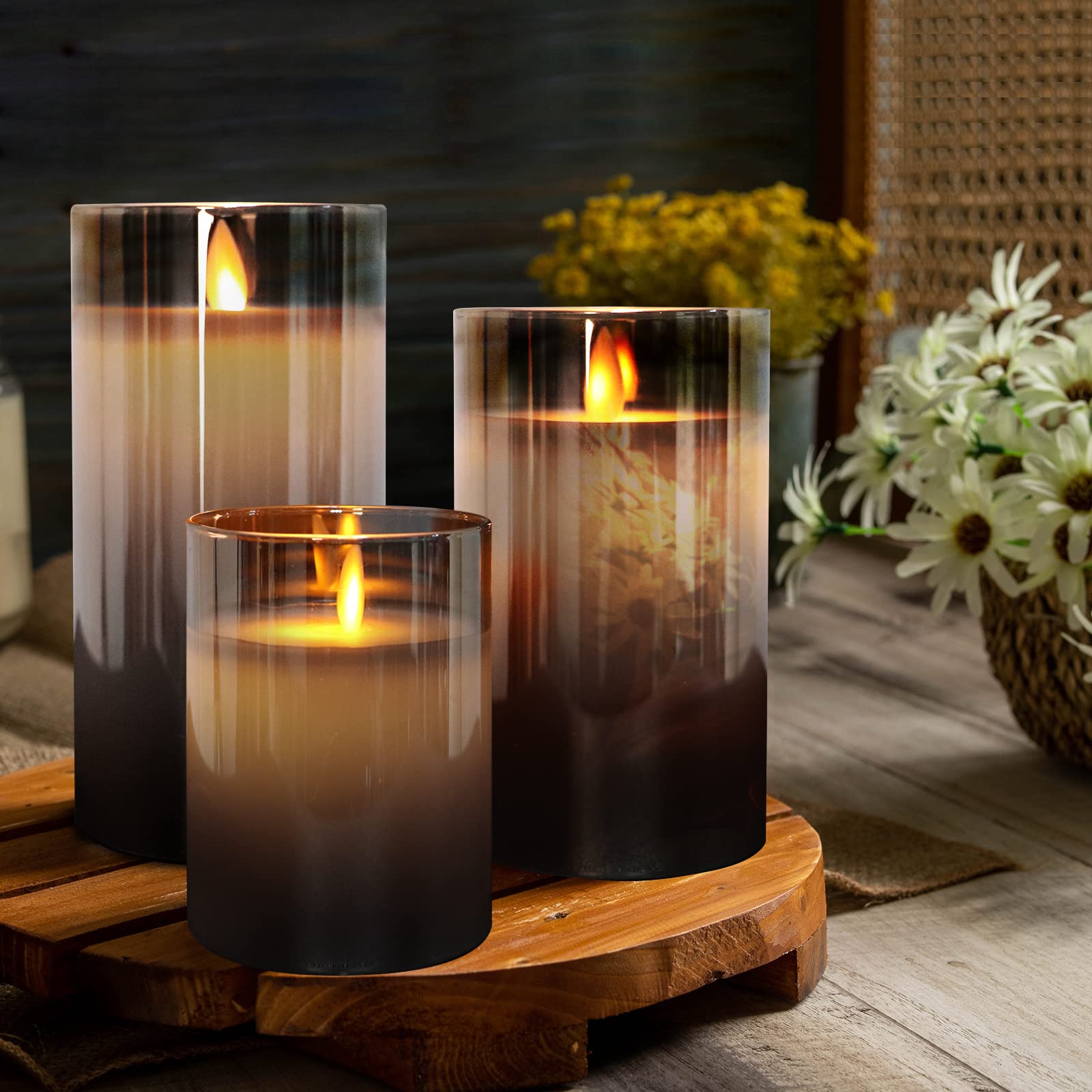 Fitlybuy AuraFlame LED flameless candle set in grey ombre glass on a rustic wood tray with warm, realistic flickering.