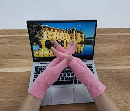 Hands wearing pink fingerless Fitlybuy therapeutic heat compression gloves over a laptop keyboard.