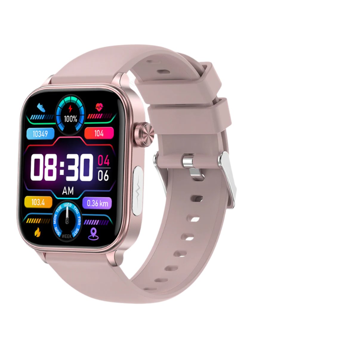 Fitlybuy smartwatch in dusty rose with a square digital display showing fitness metrics like steps, heart rate, and time.