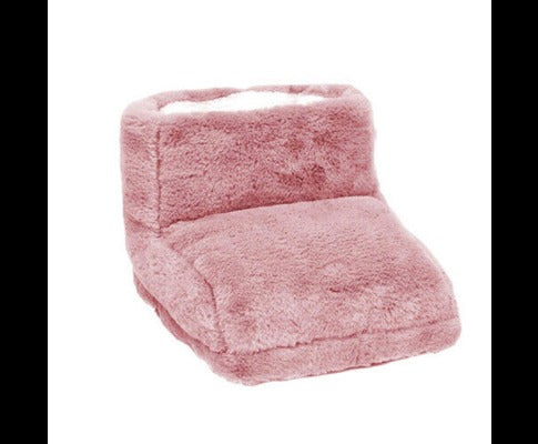 Plush, dusty-pink Fitlybuy electric heated foot warmer with a soft white interior lining for cozy comfort.