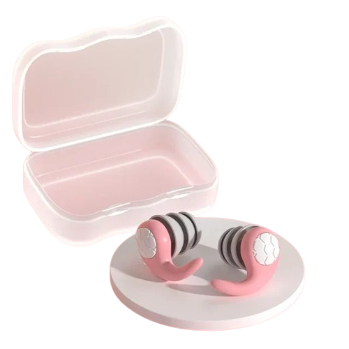 Fitlybuy noise-cancelling pink and grey sleep earplugs with foam technology, shown with a matching protective case.