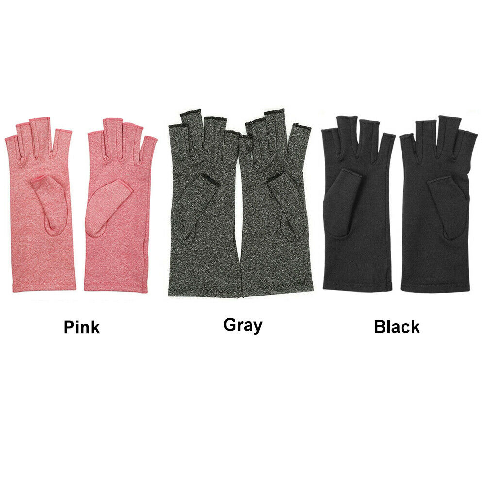 Fitlybuy fingerless therapeutic heat gloves in pink, gray, and black, designed for compression and warmth therapy.