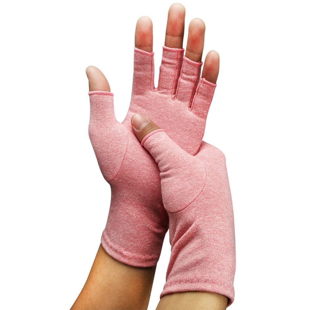 Fitlybuy fingerless therapeutic compression gloves in heather pink fabric for pain relief, worn on both hands.