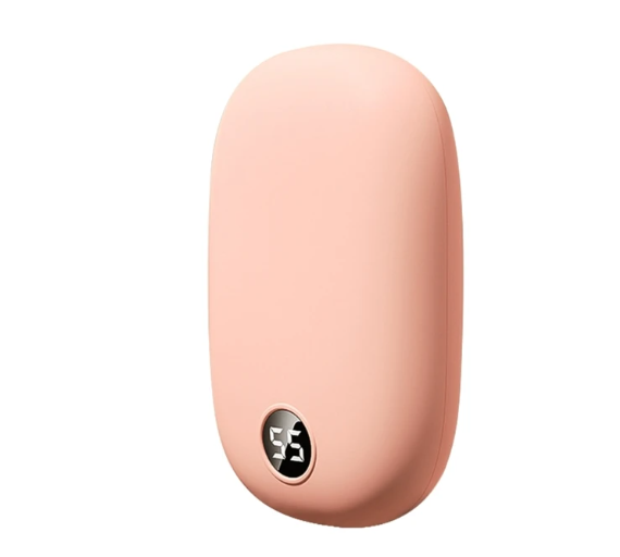 Pink oval Fitlybuy 2-in-1 hand warmer and power bank with a digital temperature display showing 55 degrees.