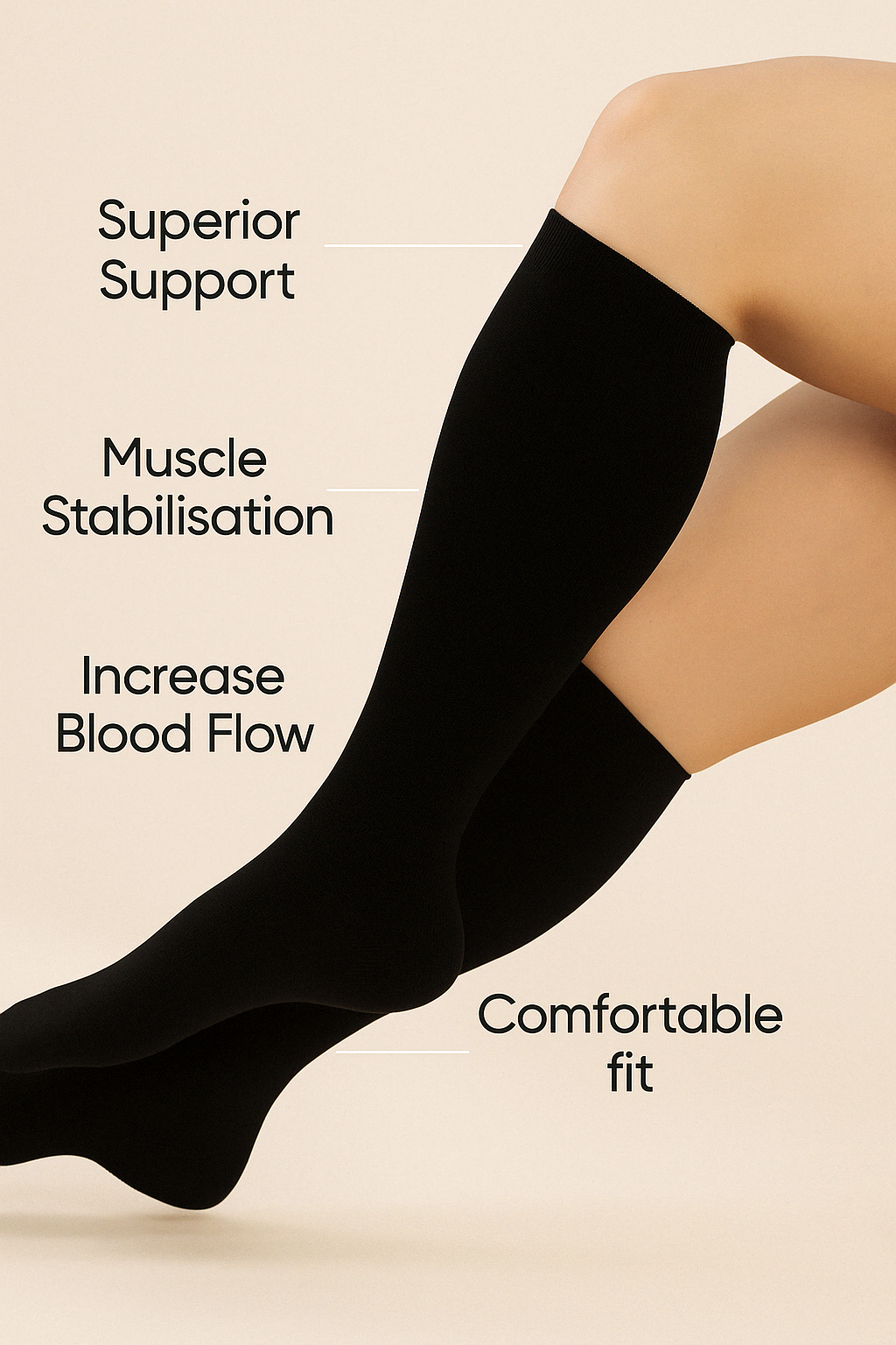Black Fitlybuy VitalFlow plus size compression socks worn on legs, labeled with support and circulation benefits.