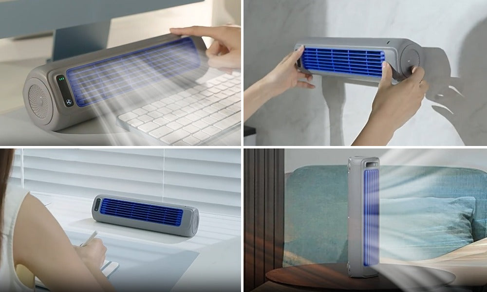Fitlybuy grey portable bladeless tower fan with blue vents, shown in desktop, wall-mounted, and upright orientations.