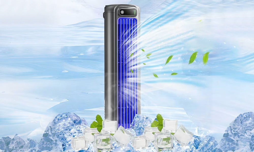 Fitlybuy grey portable bladeless tower fan with blue LED lighting and airflow effect, set against an icy background.