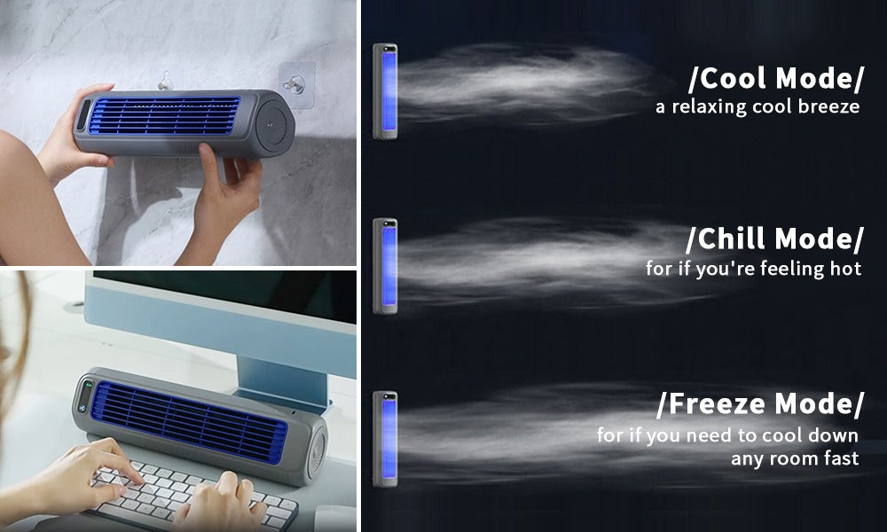 Fitlybuy grey bladeless tower fan showing wall-mount, desk use, and three cooling modes with whisper-quiet airflow.