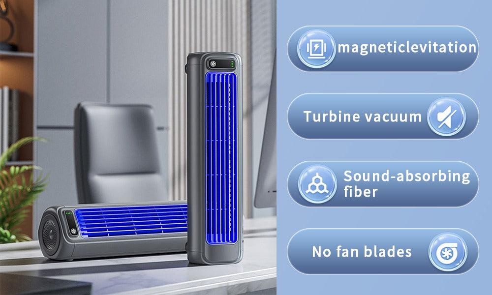 Grey Fitlybuy bladeless tower fan on desk, featuring blue accent lighting and WhisperQuiet technology callouts.