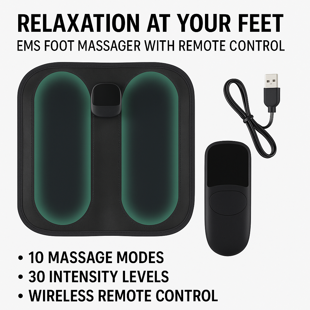 Fitlybuy portable black EMS foot massager mat with remote control, USB charging cable, and feature list on white background.