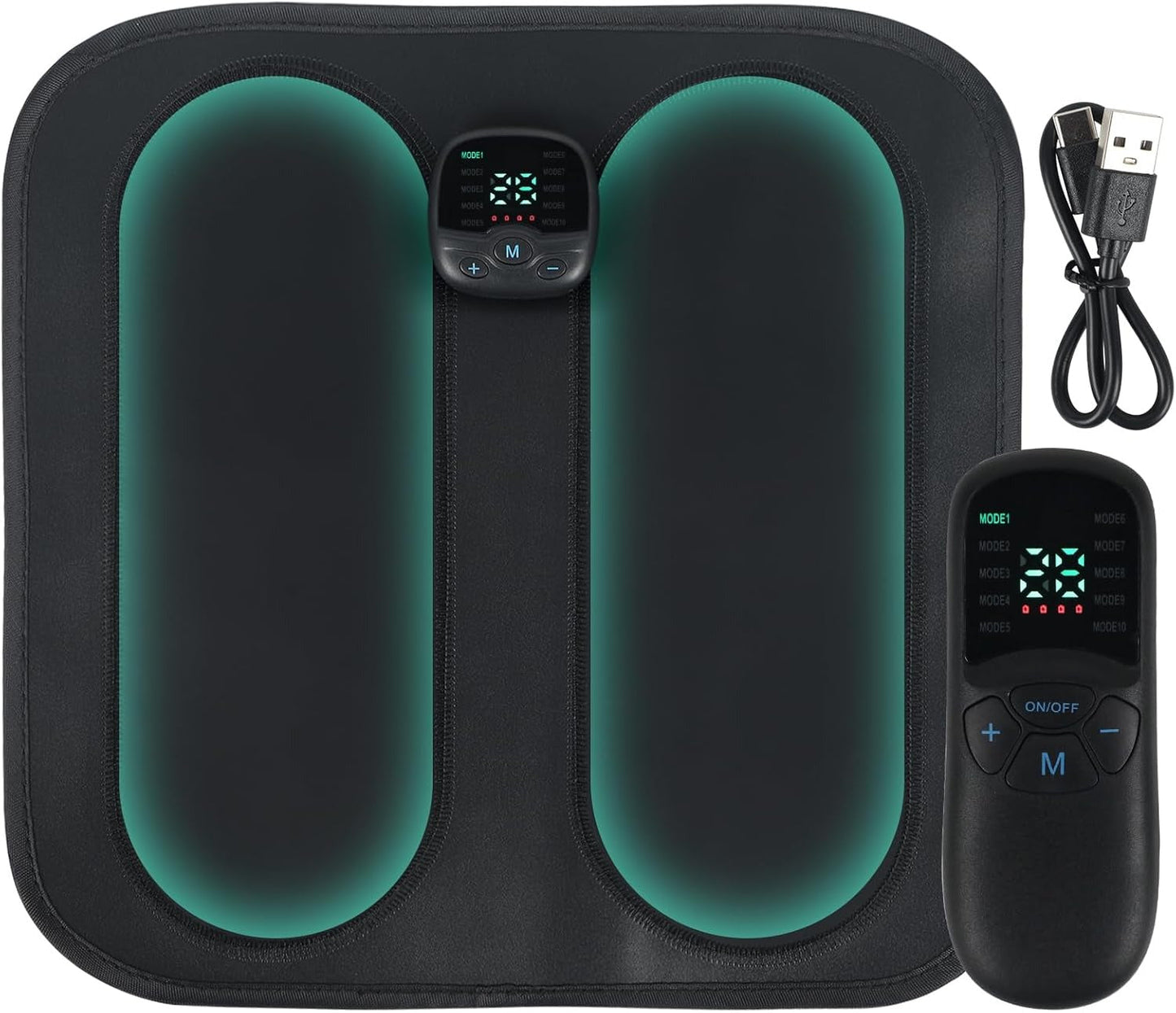 Black Fitlybuy EMS foot massager mat with digital controller, handheld remote, and USB charging cable on white background.