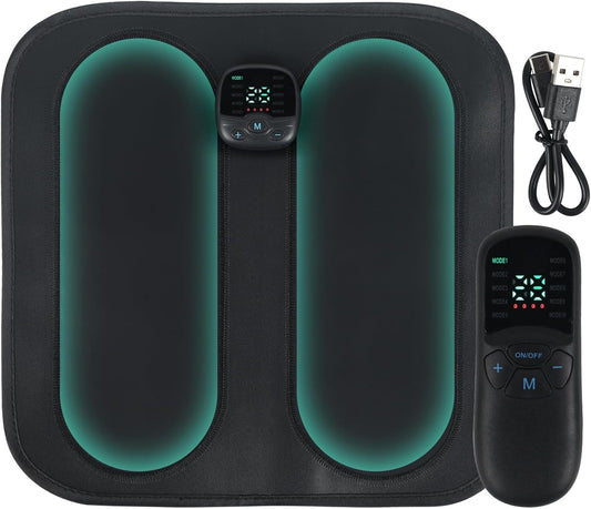Black Fitlybuy EMS foot massager mat with digital controller, handheld remote, and USB charging cable on white background.