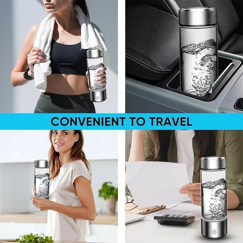 Fitlybuy portable silver and glass hydrogen water cup being used during workouts, in cars, and while working.