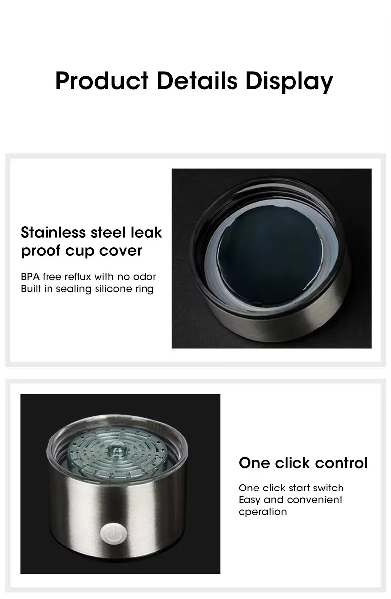 Fitlybuy Hydrogen water cup: silver stainless steel base with one-click button and leak-proof silicone-sealed lid.