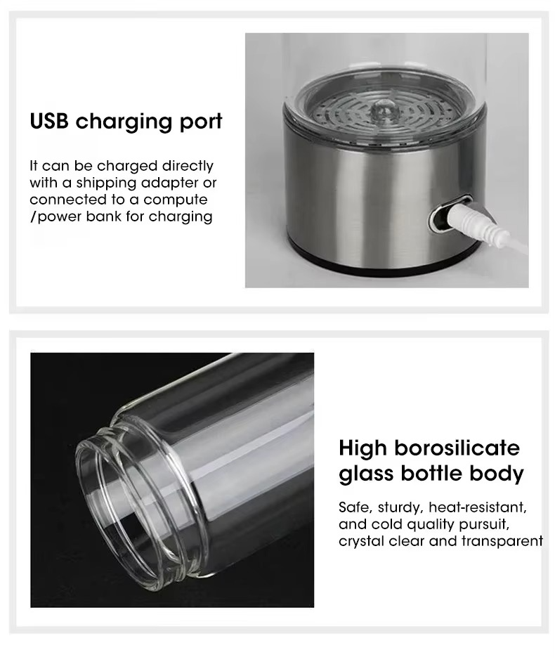 Fitlybuy hydrogen water cup showing a silver USB charging base and a clear borosilicate glass bottle body.