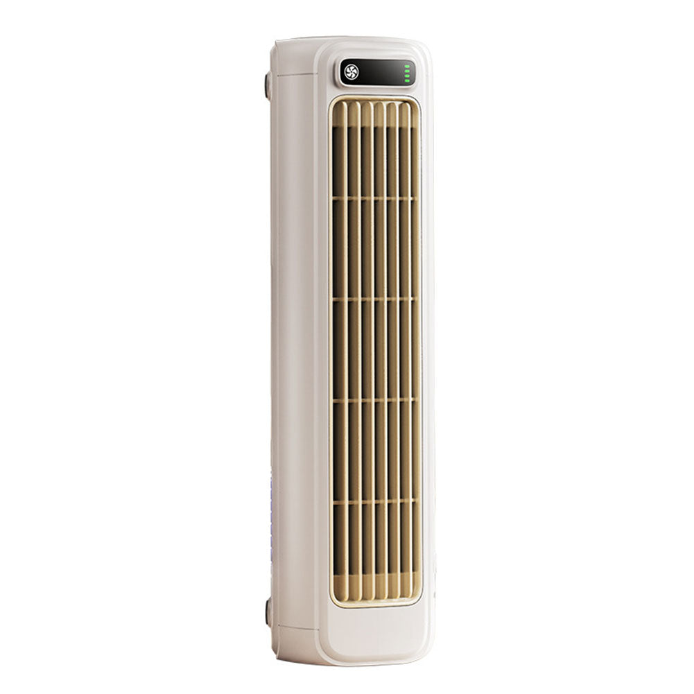 Fitlybuy white and gold portable bladeless tower fan with a digital display screen on a white background.