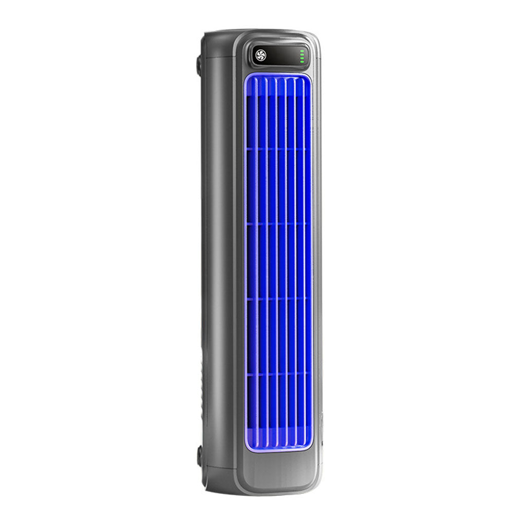 Fitlybuy grey portable bladeless tower fan with glowing blue vertical intake vents and a digital display screen.