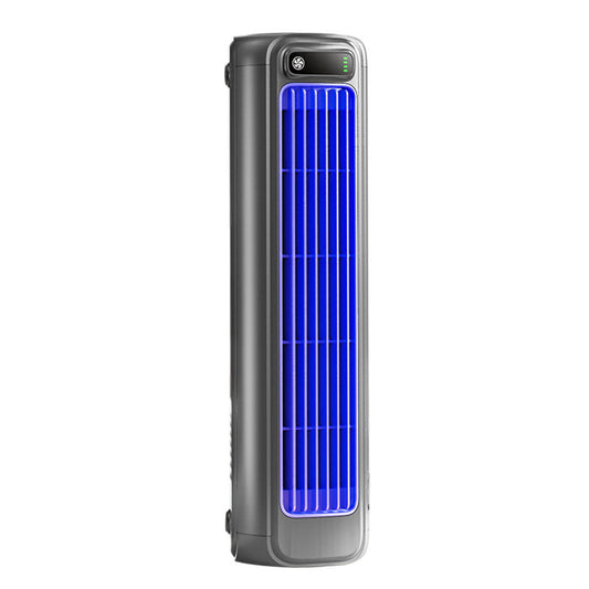 Fitlybuy grey portable bladeless tower fan with glowing blue vertical intake vents and a digital display screen.