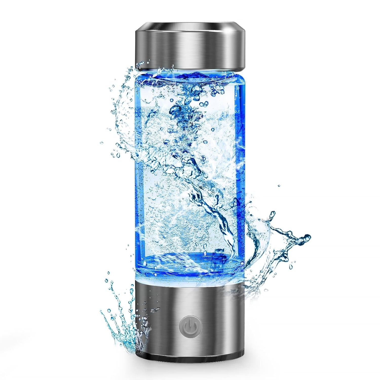 Fitlybuy portable hydrogen water bottle with metallic base, glass body, blue LED light, and swirling water effects.