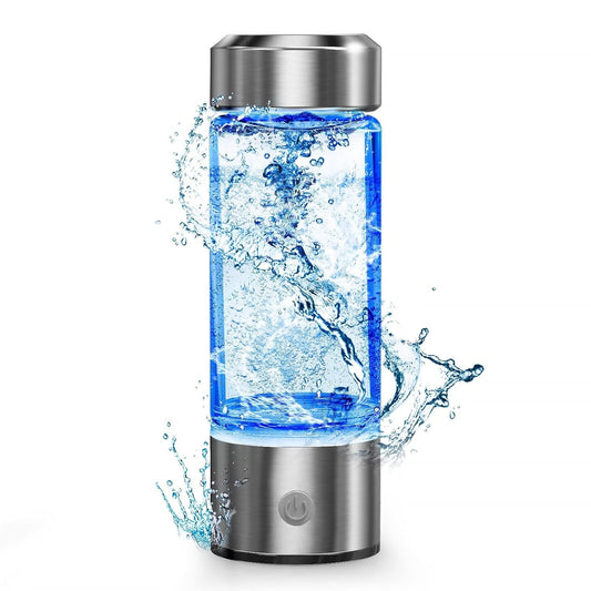Fitlybuy portable hydrogen water bottle with metallic base, glass body, blue LED light, and swirling water effects.