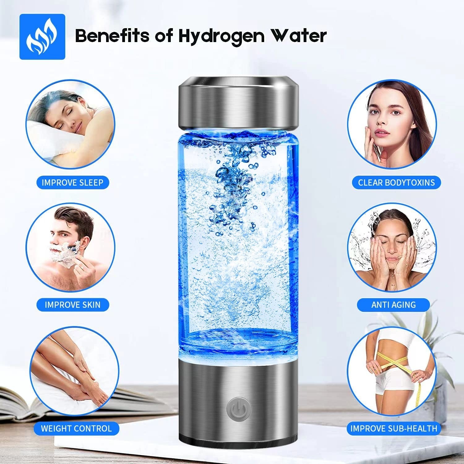 Fitlybuy hydrogen water cup with silver caps and blue LED, displaying bubbles and wellness benefits on a white surface.
