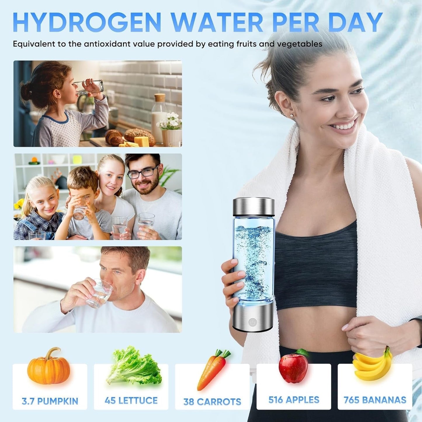 Fitlybuy portable hydrogen water cup with metallic base, shown bubbling while held by a woman with various produce icons.