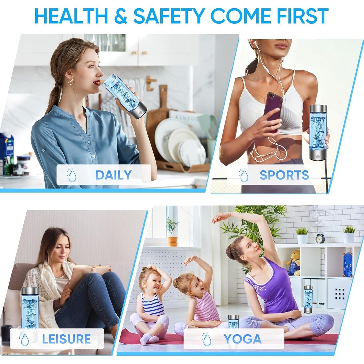 Fitlybuy portable hydrogen water bottle with metallic base, shown in daily, sports, and yoga lifestyle settings.