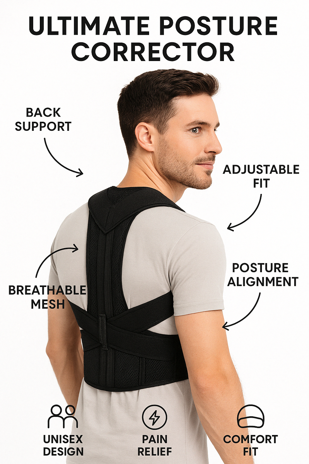 Man wearing black Fitlybuy Posture Corrector Pro featuring breathable mesh, adjustable straps, and ergonomic back support.