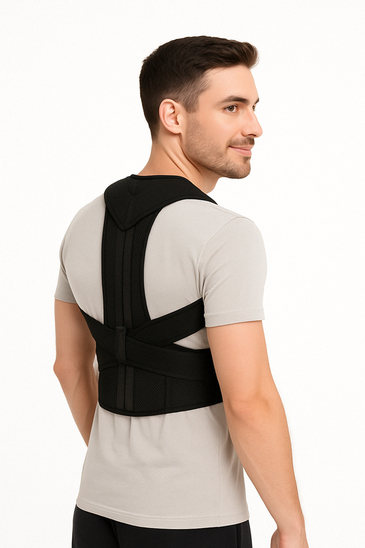 Man wears a black Fitlybuy Posture Corrector Pro with ergonomic back support over a light grey T-shirt.