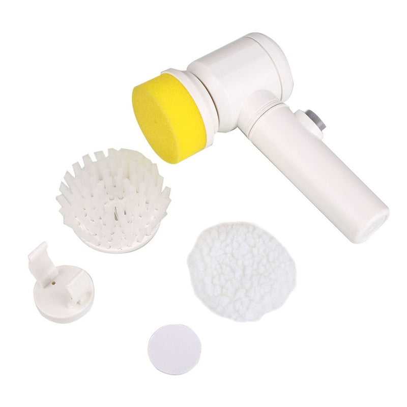 Fitlybuy white electric scrubber with yellow sponge head, bristle brush, and soft buffing pad on a white background.