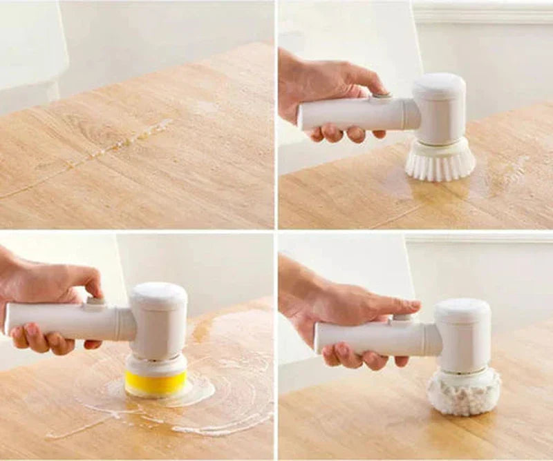 Fitlybuy white cordless electric scrubber with three interchangeable heads cleaning a wooden table.