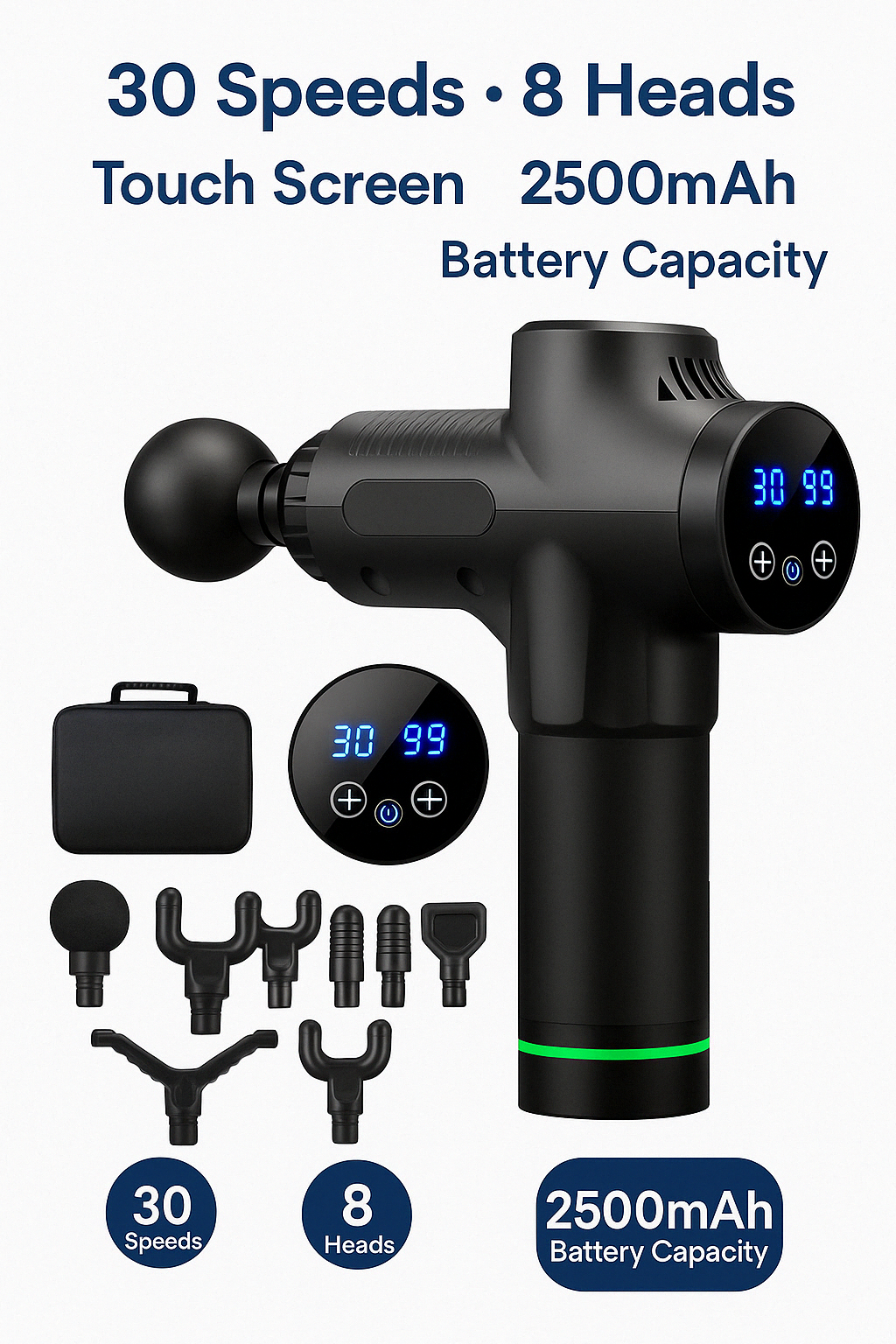 Black Fitlybuy ProMassage X1 gun with touch screen, 8 heads, and carry case. Features 30 speeds and 2500mAh battery.