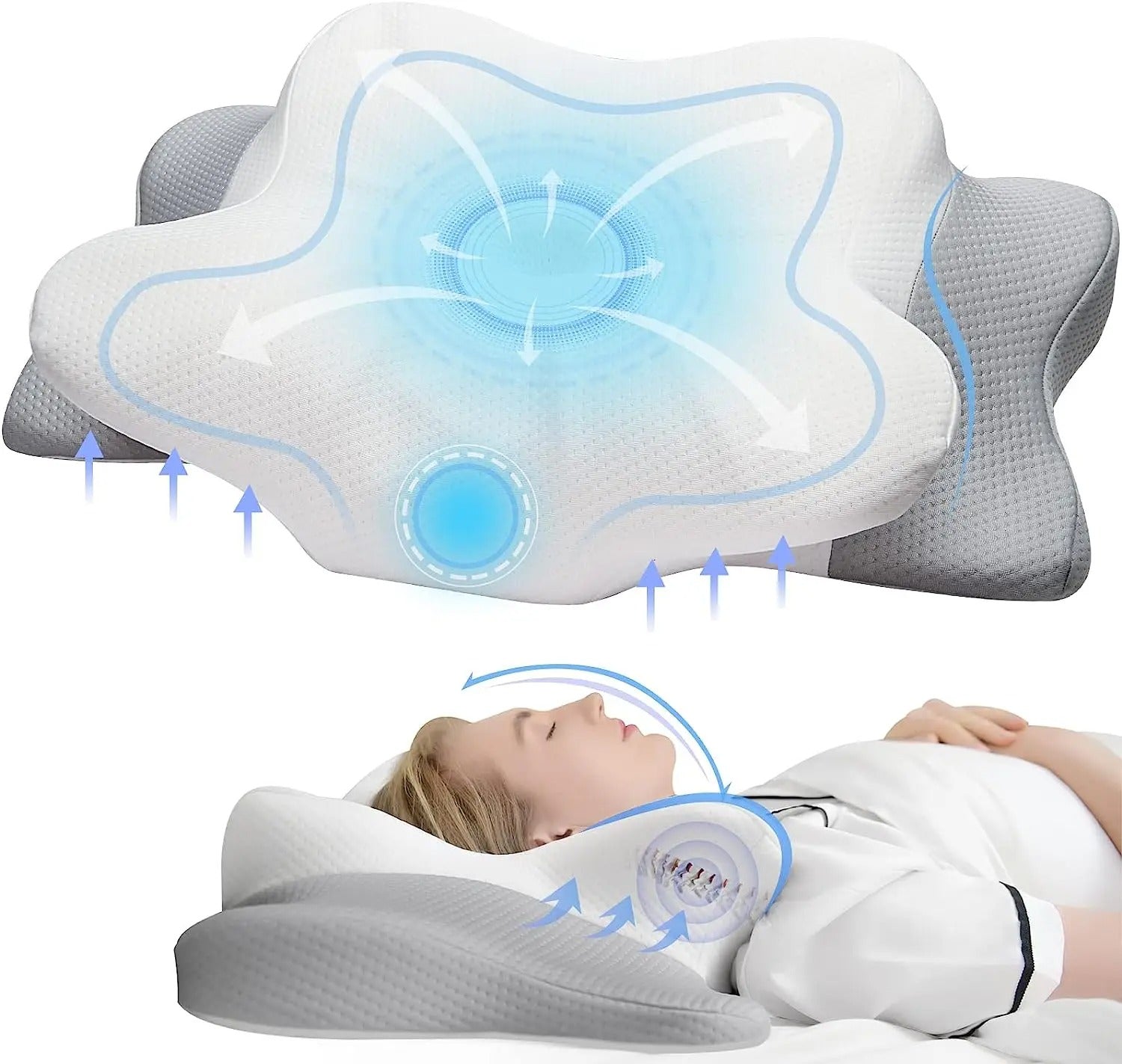 Fitlybuy memory foam neck therapy pillow in white and grey, showing ergonomic support and proper spine alignment.