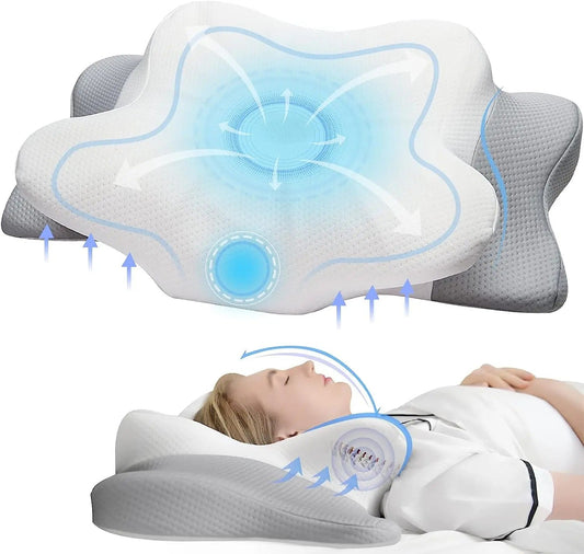 Fitlybuy memory foam neck therapy pillow in white and grey, showing ergonomic support and proper spine alignment.