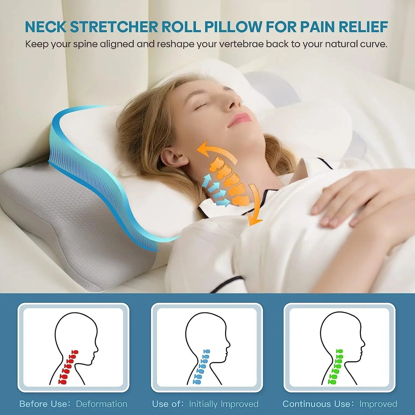 Woman sleeping on a white Fitlybuy memory foam therapy pillow designed for neck alignment and pain relief.