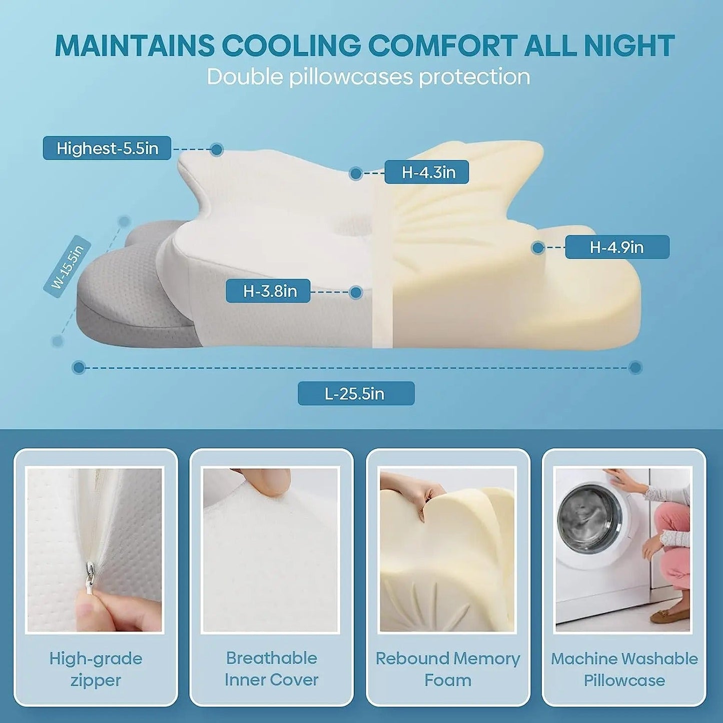 Fitlybuy white memory foam neck pillow with cooling cover, showing dimensions and features like machine washability.
