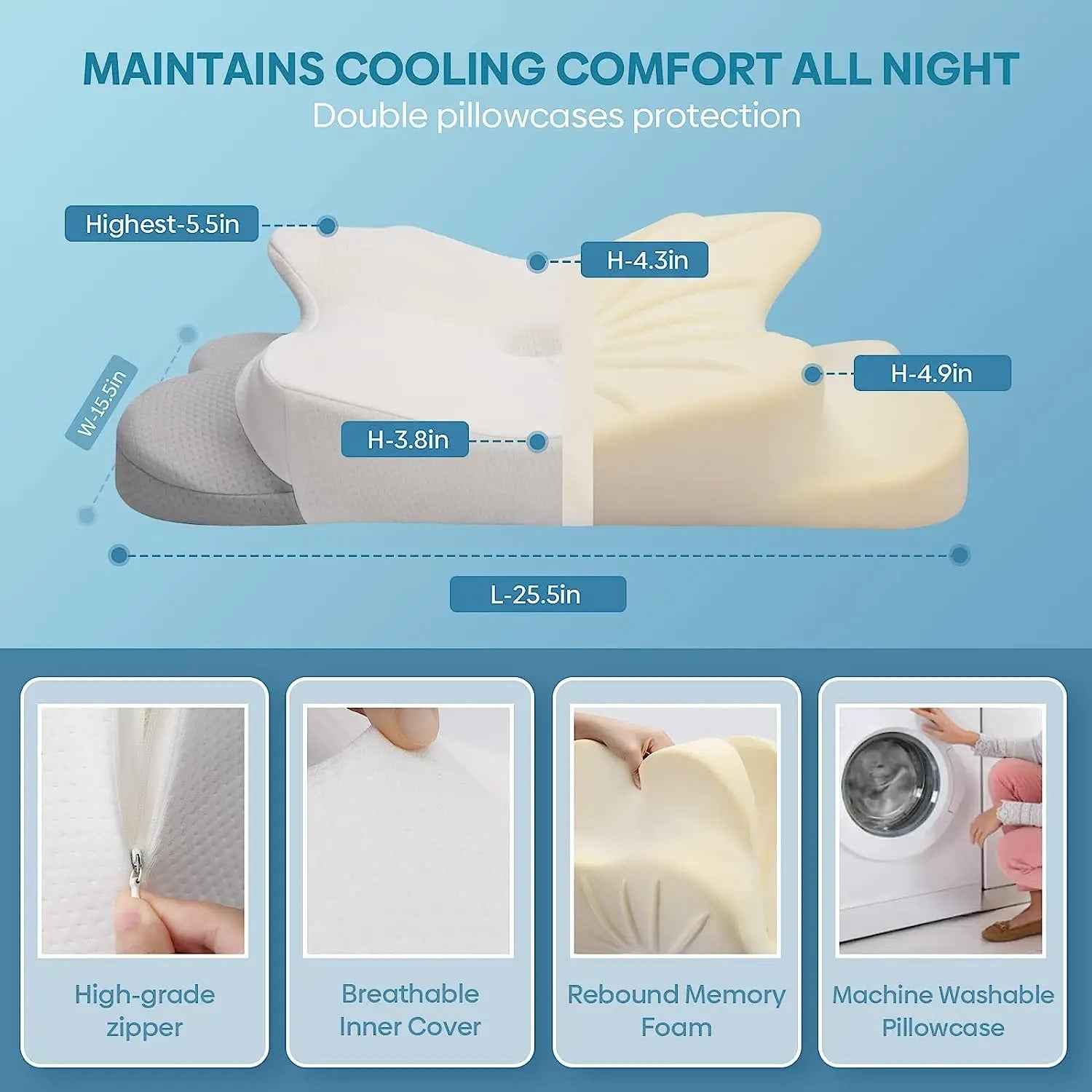 Fitlybuy white memory foam neck pillow with cooling cover, showing dimensions and features like machine washability.
